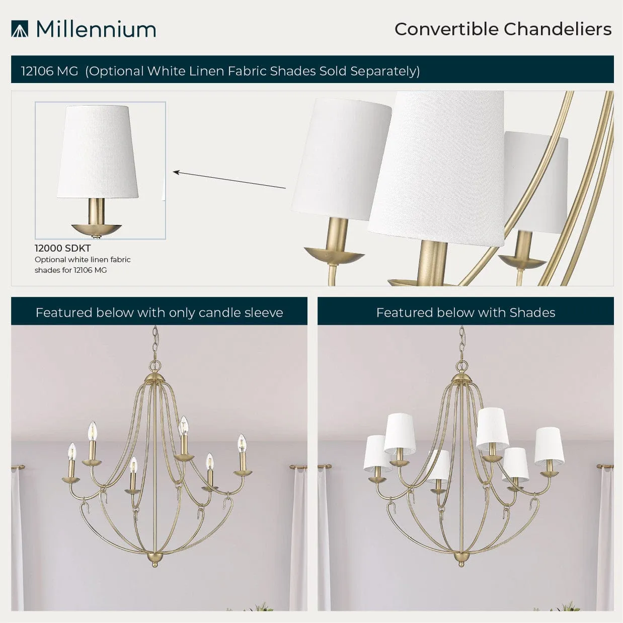 6 Lamps Eisley Chandelier - Modern Gold - White Fabric Shade - 28.5in Diameter - E12 Candelabra Base