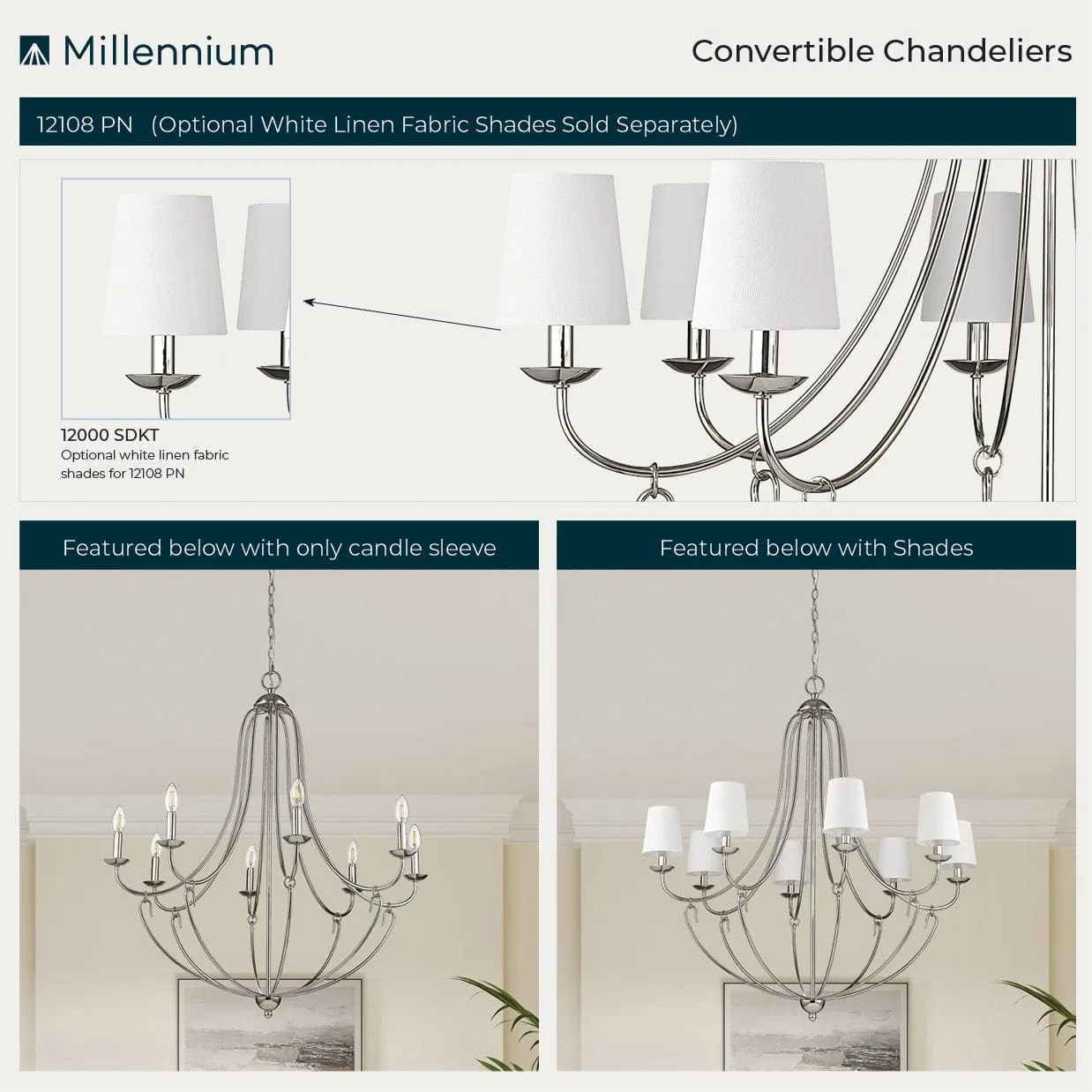 8 Lamps Eisley Chandelier - Polished Nickel - White Fabric Shade - 36in Diameter - E12 Candelabra Base