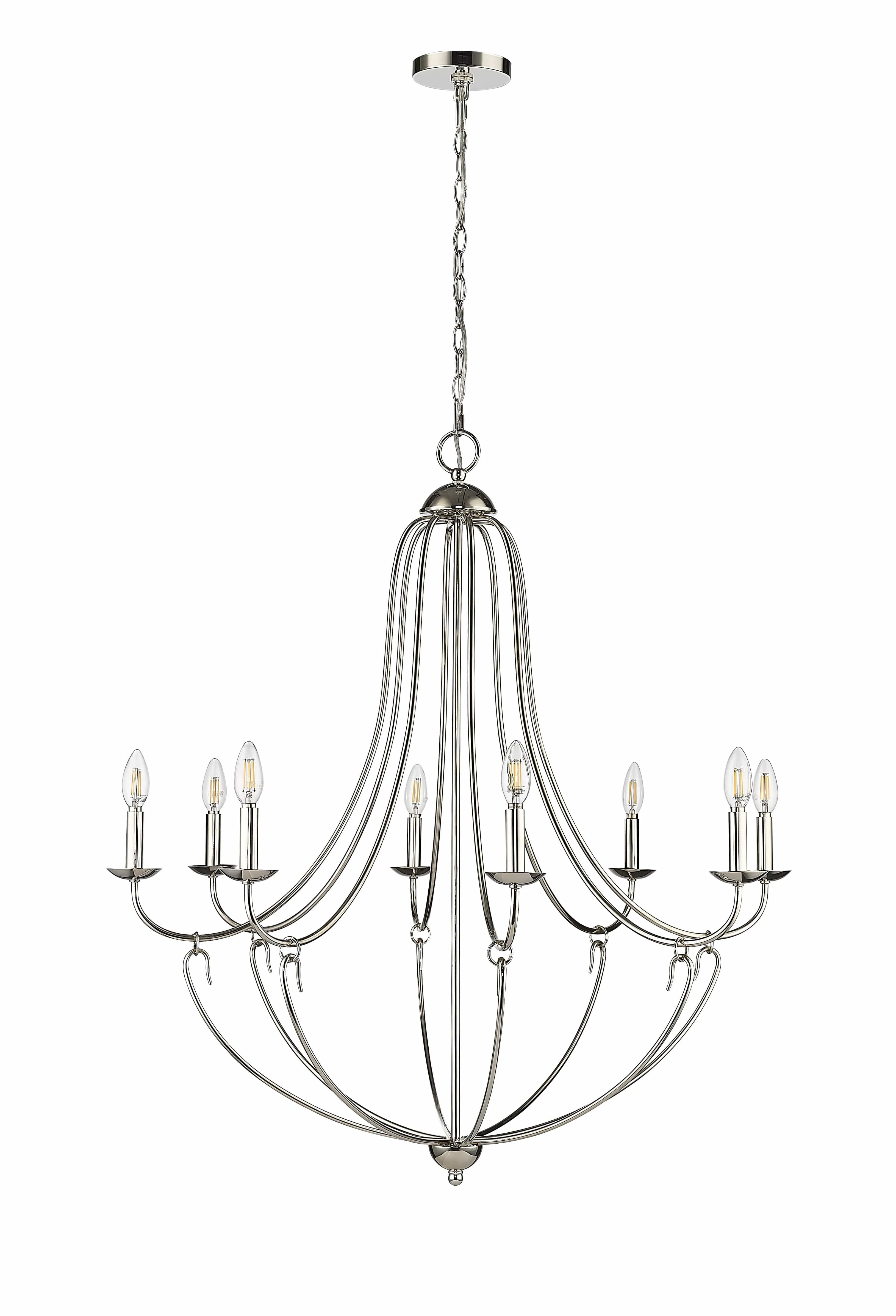 8 Lamps Eisley Chandelier - Polished Nickel - White Fabric Shade - 36in Diameter - E12 Candelabra Base
