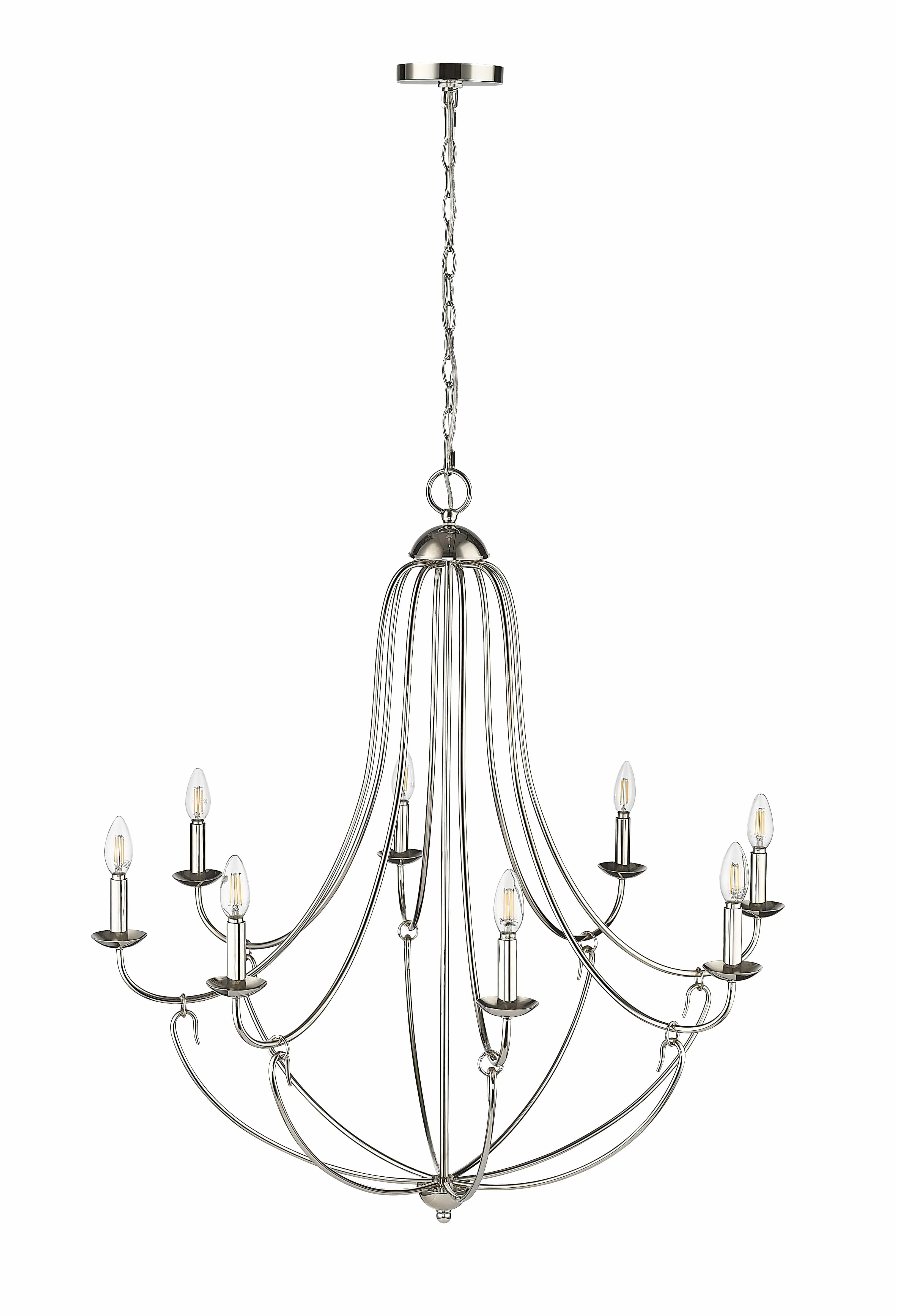 8 Lamps Eisley Chandelier - Polished Nickel - White Fabric Shade - 36in Diameter - E12 Candelabra Base