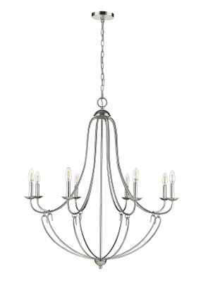 8 Lamps Eisley Chandelier - Polished Nickel - White Fabric Shade - 36in Diameter - E12 Candelabra Base