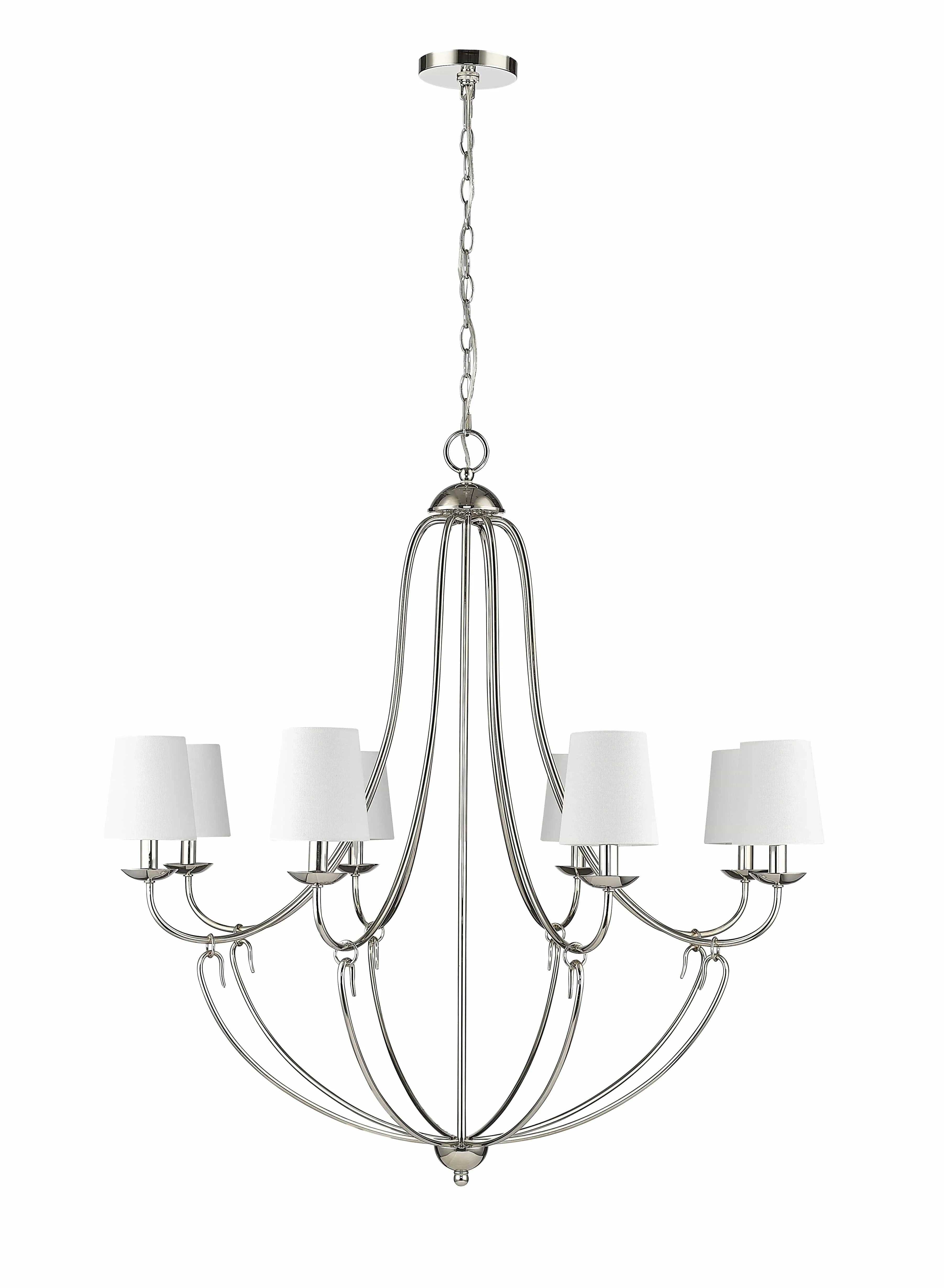 8 Lamps Eisley Chandelier - Polished Nickel - White Fabric Shade - 36in Diameter - E12 Candelabra Base
