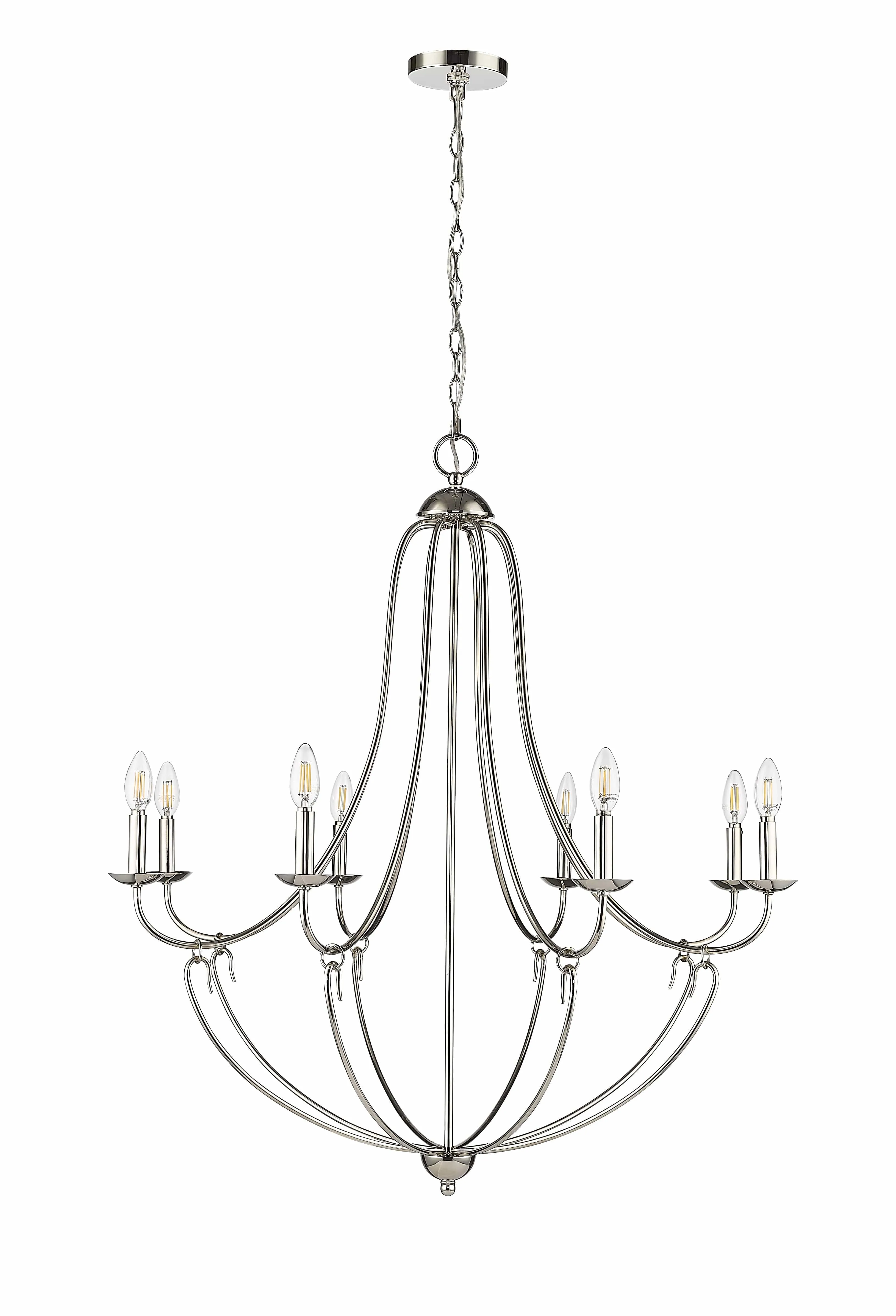 8 Lamps Eisley Chandelier - Polished Nickel - White Fabric Shade - 36in Diameter - E12 Candelabra Base