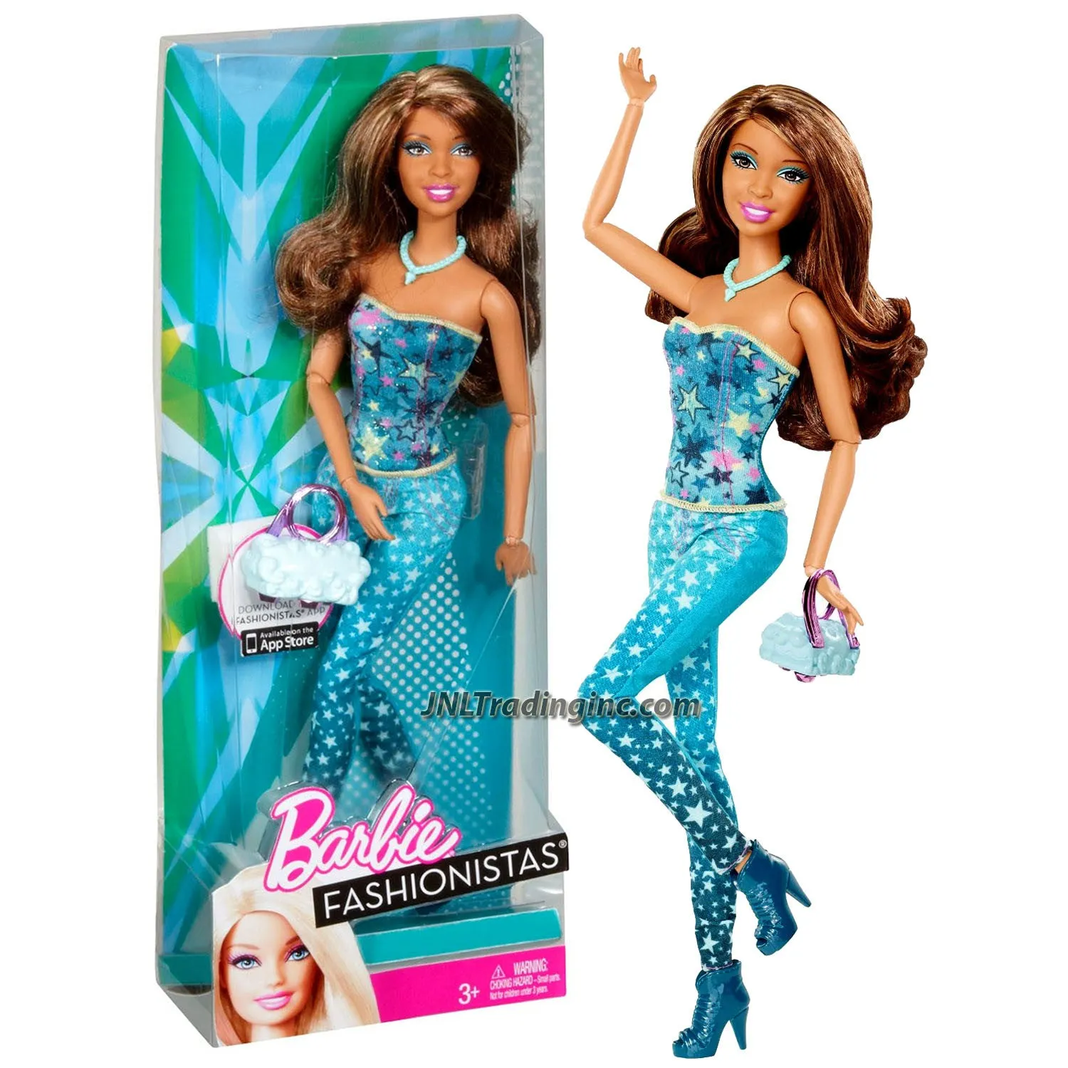 Barbie Fashionistas 12" Doll - NIKKI (X7873) in Strapless Top & Star Prints Blue Tights with Necklace and Purse