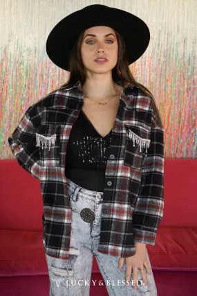 Black and White Flannel Jacket with Rhinestone Pocket