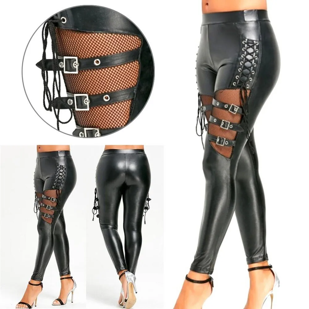 Black Strap Detail Punk Leggings
