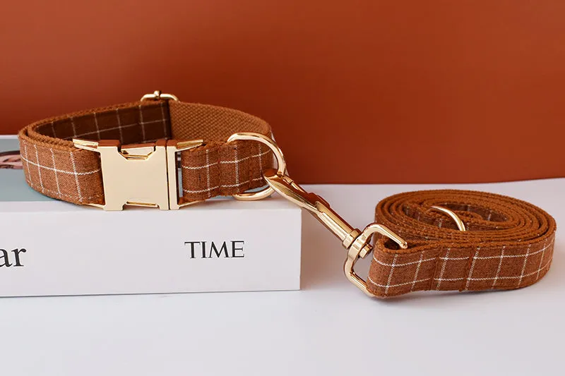 Brown And White Checks In Style:  Personalized Collar and Leash Set