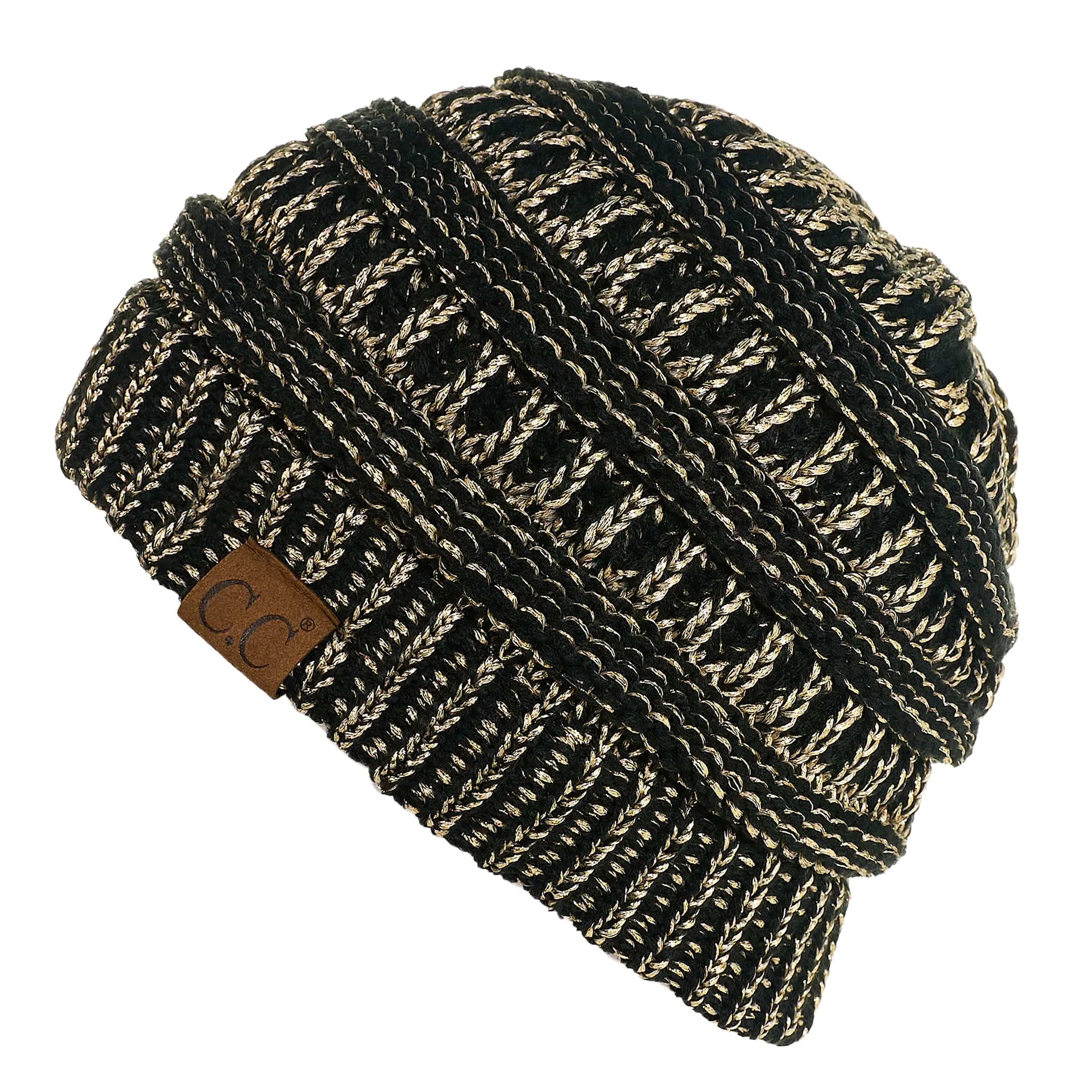 C.C MB20AM  - Soft Stretch Cable Knit Warm Hat High Bun Ponytail Metallic Beanie