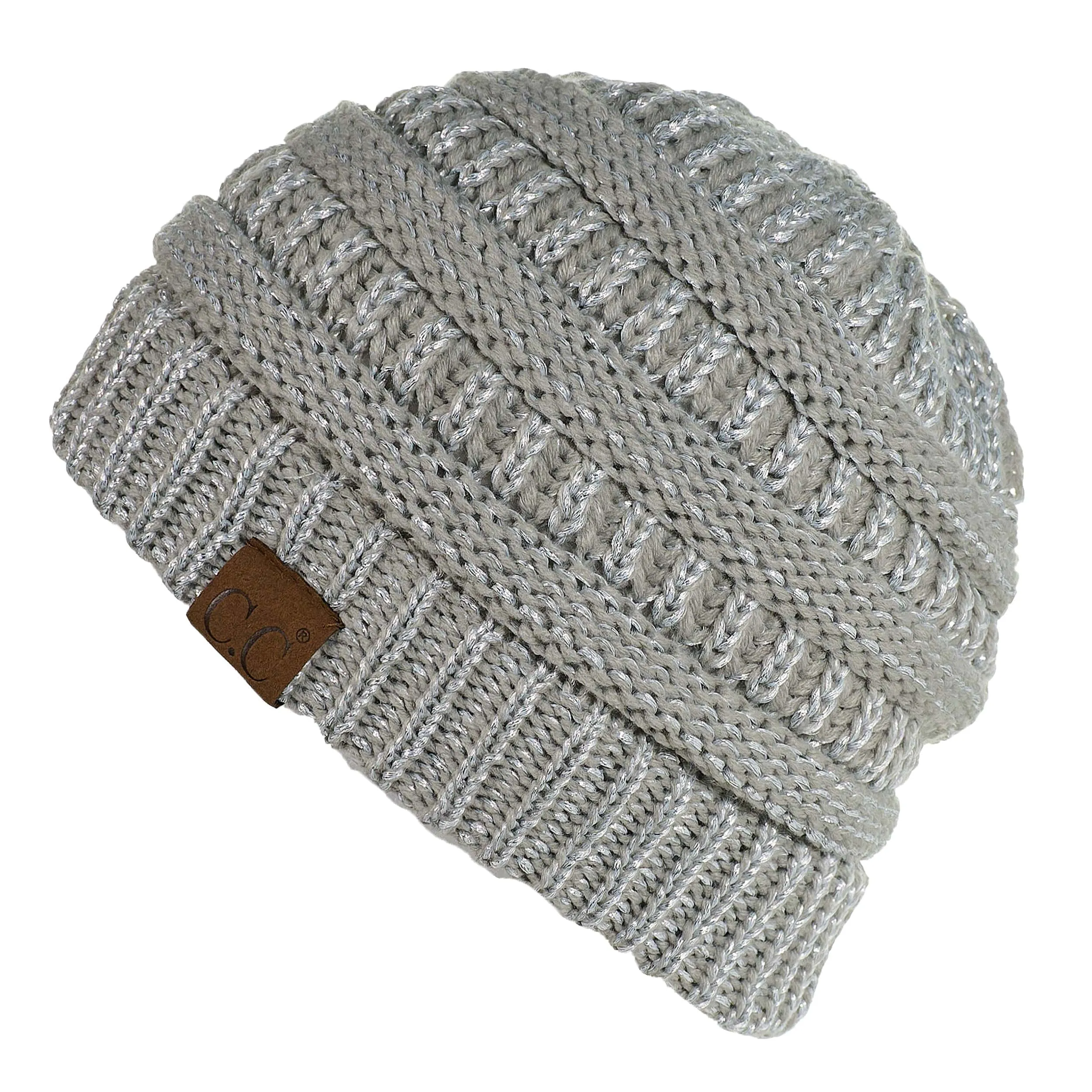 C.C MB20AM  - Soft Stretch Cable Knit Warm Hat High Bun Ponytail Metallic Beanie