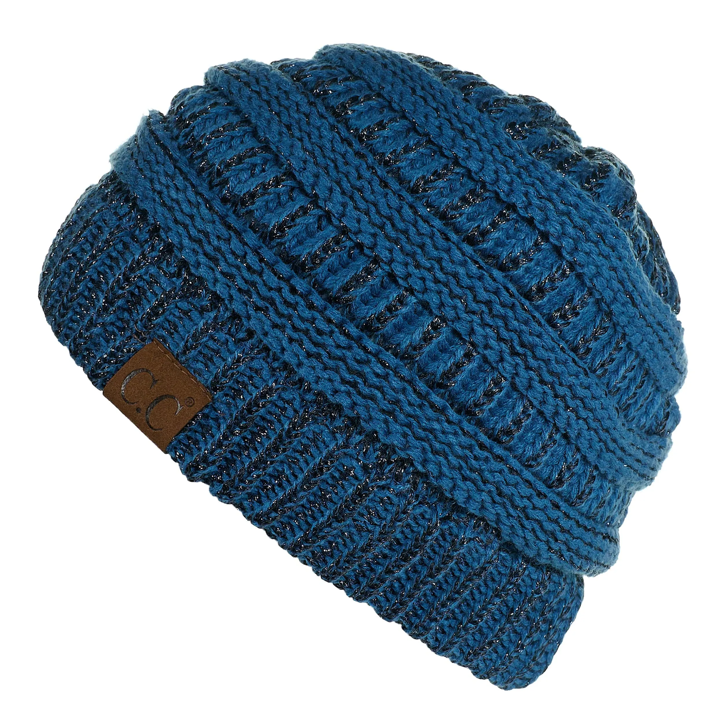C.C MB20AM  - Soft Stretch Cable Knit Warm Hat High Bun Ponytail Metallic Beanie