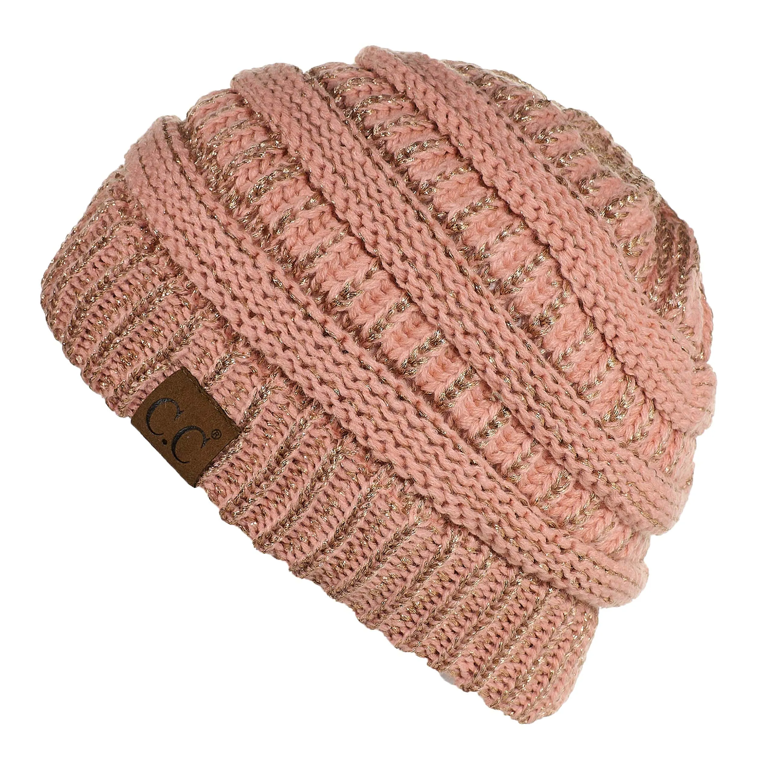 C.C MB20AM  - Soft Stretch Cable Knit Warm Hat High Bun Ponytail Metallic Beanie