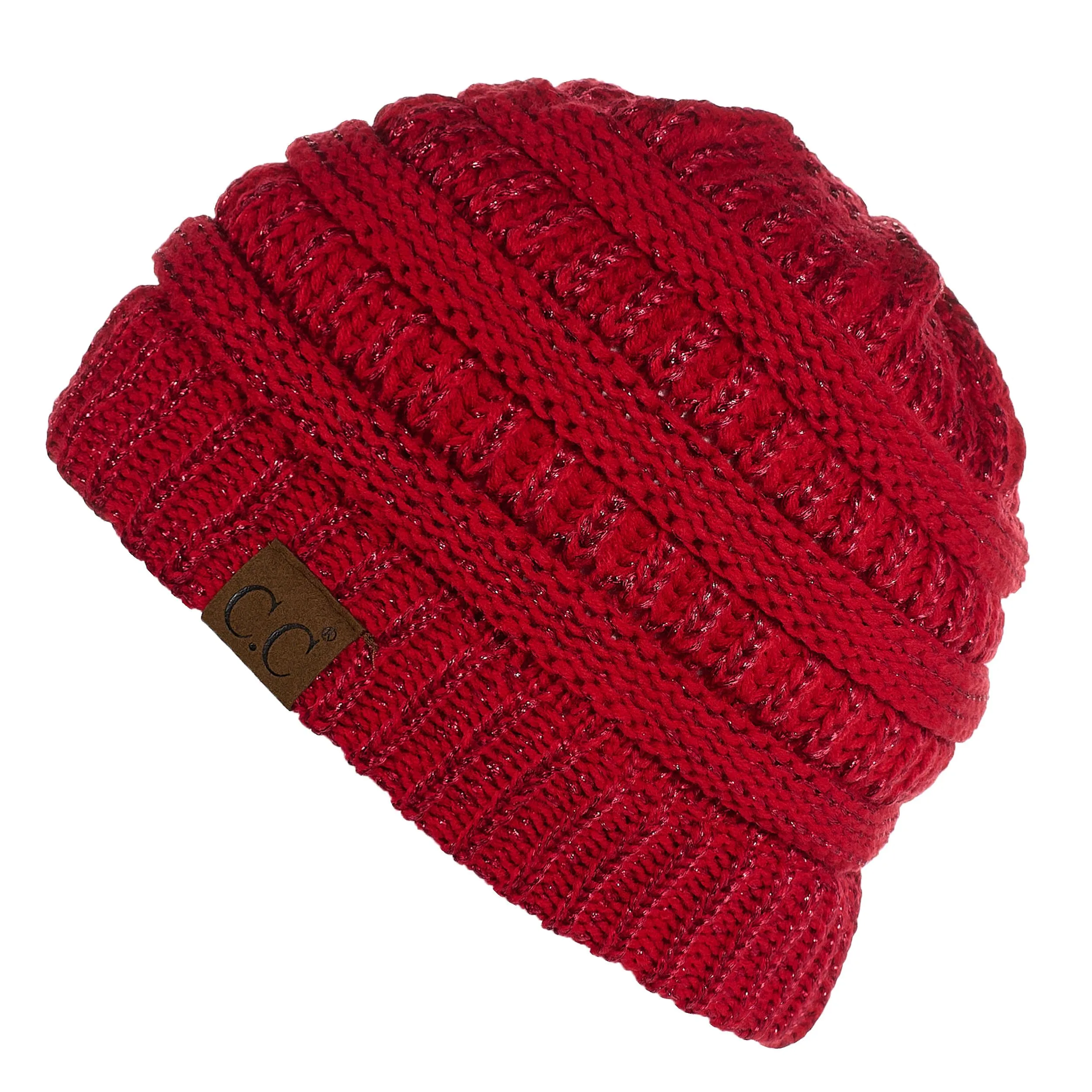 C.C MB20AM  - Soft Stretch Cable Knit Warm Hat High Bun Ponytail Metallic Beanie