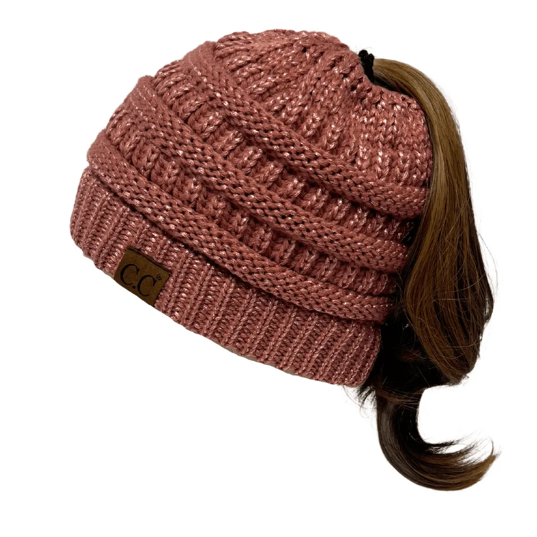 C.C MB20AM  - Soft Stretch Cable Knit Warm Hat High Bun Ponytail Metallic Beanie
