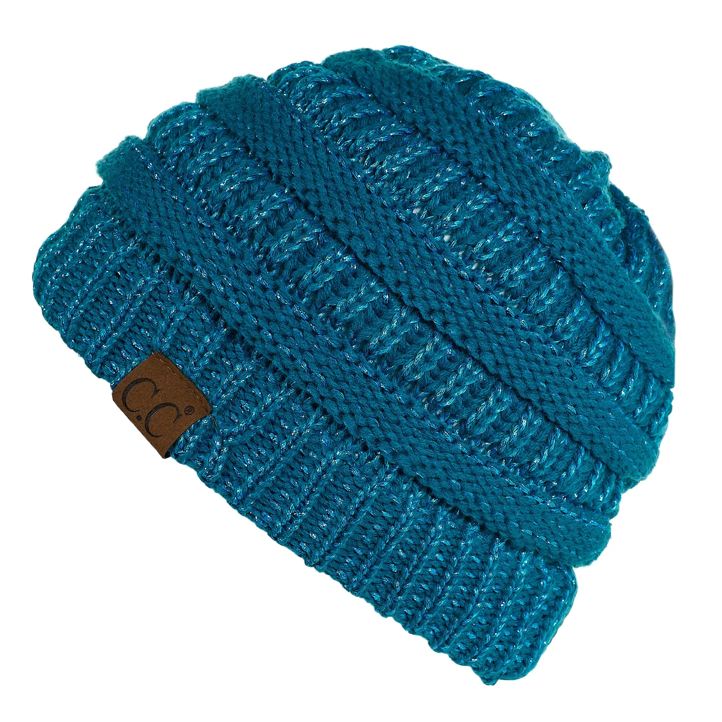 C.C MB20AM  - Soft Stretch Cable Knit Warm Hat High Bun Ponytail Metallic Beanie