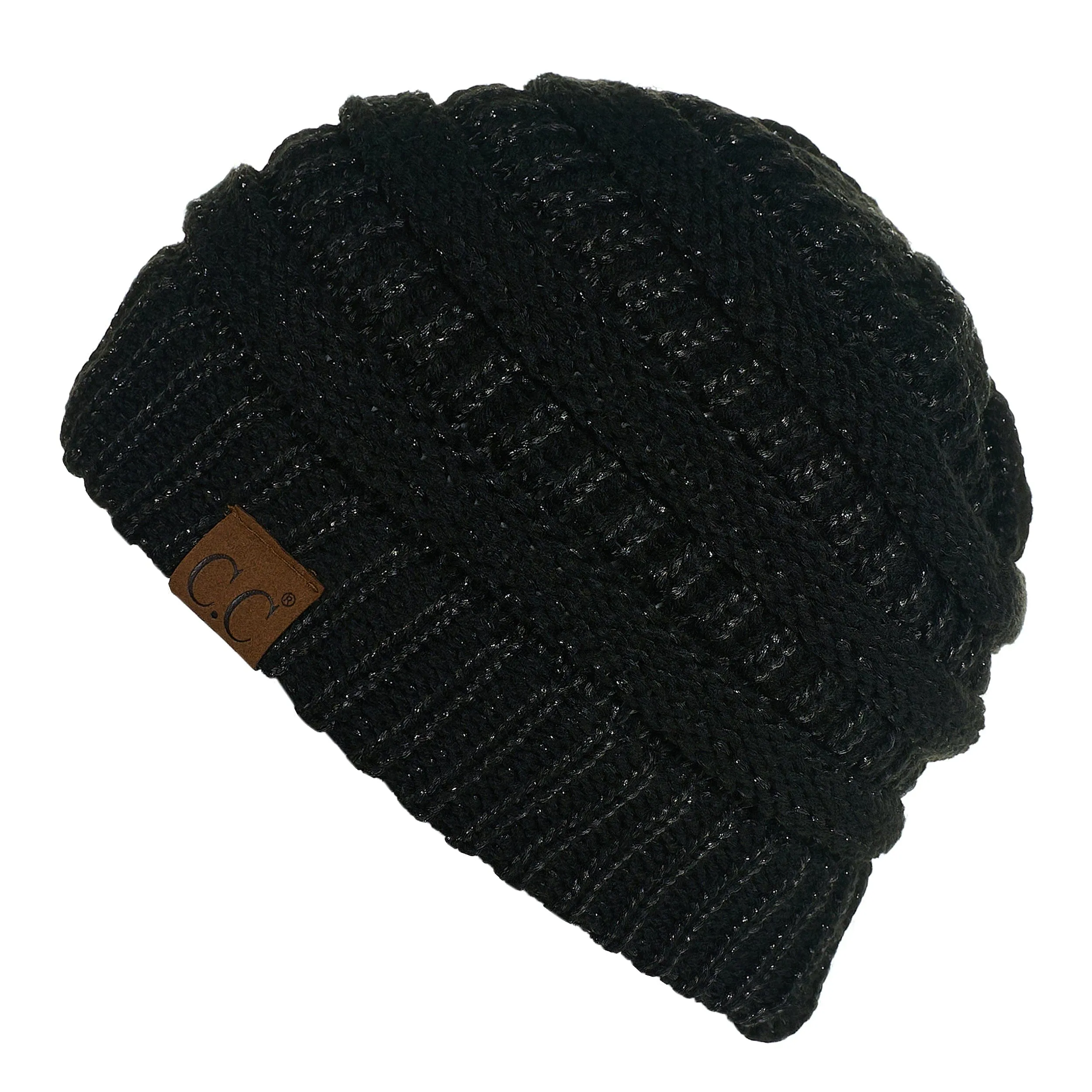 C.C MB20AM  - Soft Stretch Cable Knit Warm Hat High Bun Ponytail Metallic Beanie