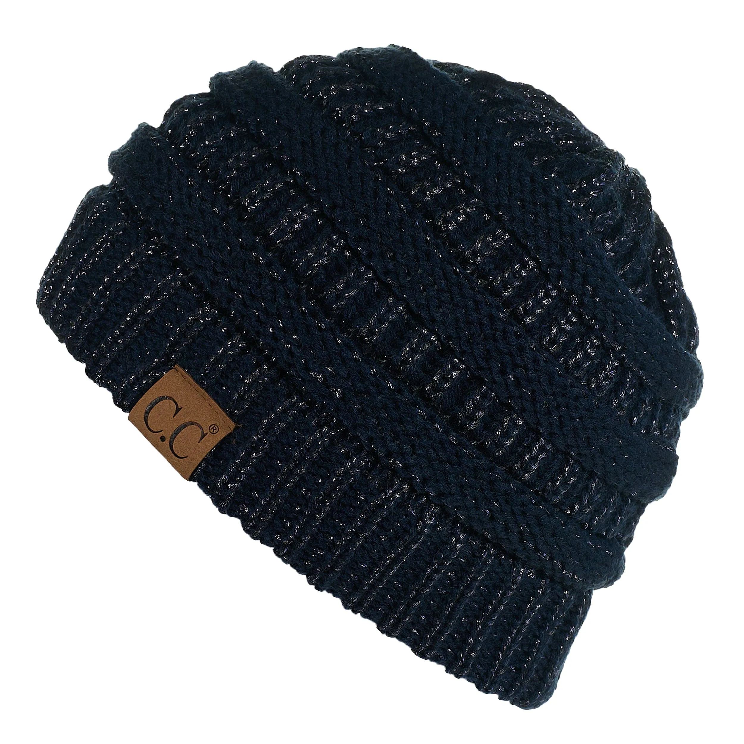 C.C MB20AM  - Soft Stretch Cable Knit Warm Hat High Bun Ponytail Metallic Beanie