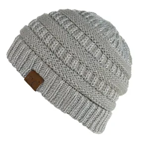 C.C MB20AM  - Soft Stretch Cable Knit Warm Hat High Bun Ponytail Metallic Beanie