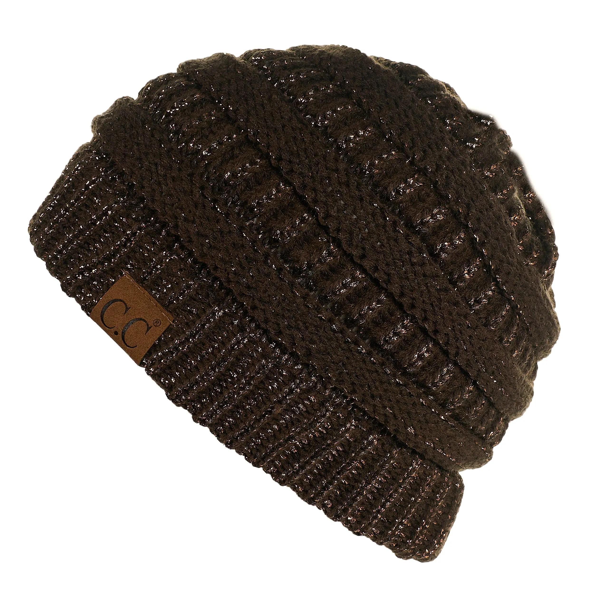 C.C MB20AM  - Soft Stretch Cable Knit Warm Hat High Bun Ponytail Metallic Beanie