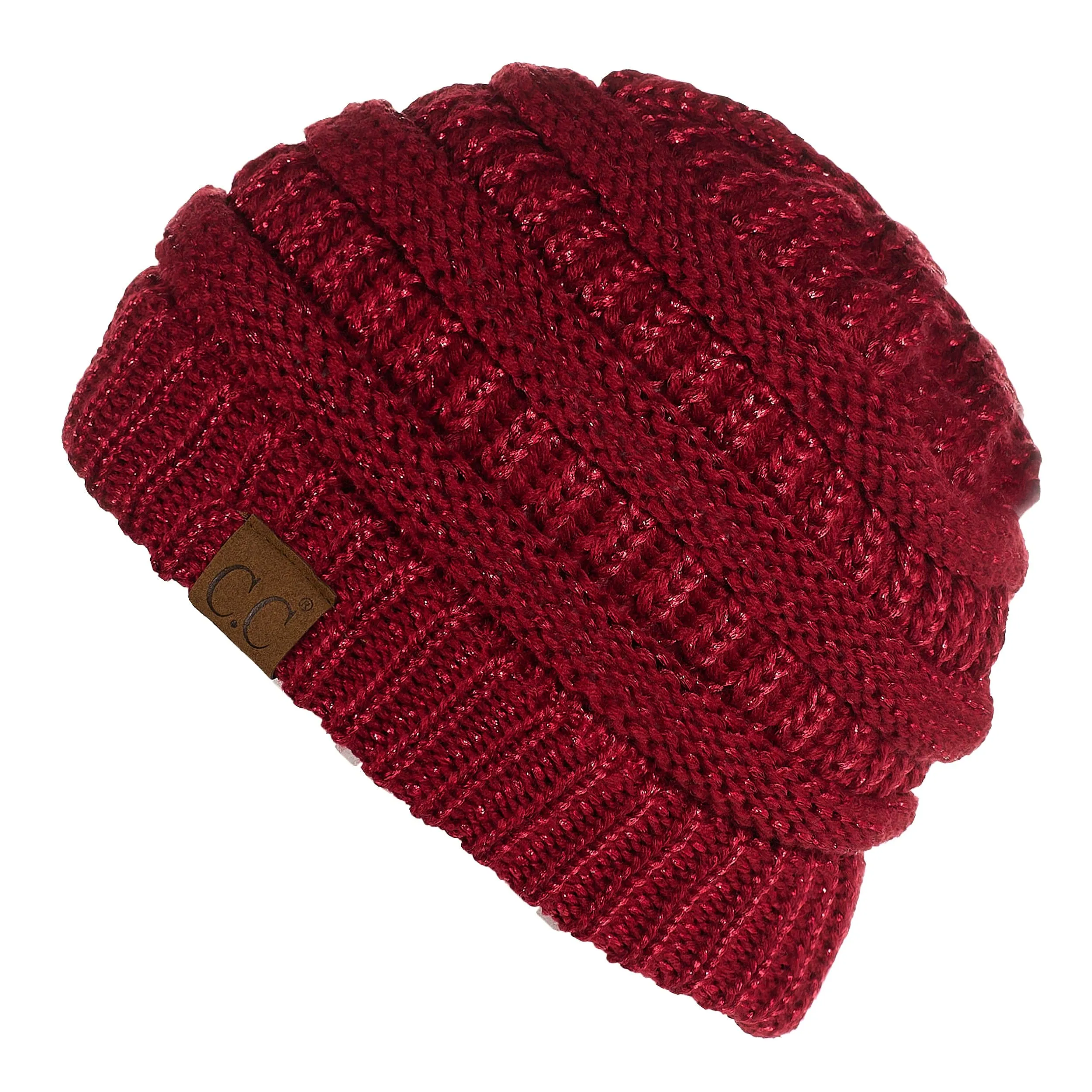 C.C MB20AM  - Soft Stretch Cable Knit Warm Hat High Bun Ponytail Metallic Beanie