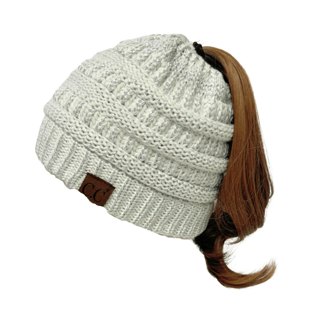 C.C MB20AM  - Soft Stretch Cable Knit Warm Hat High Bun Ponytail Metallic Beanie