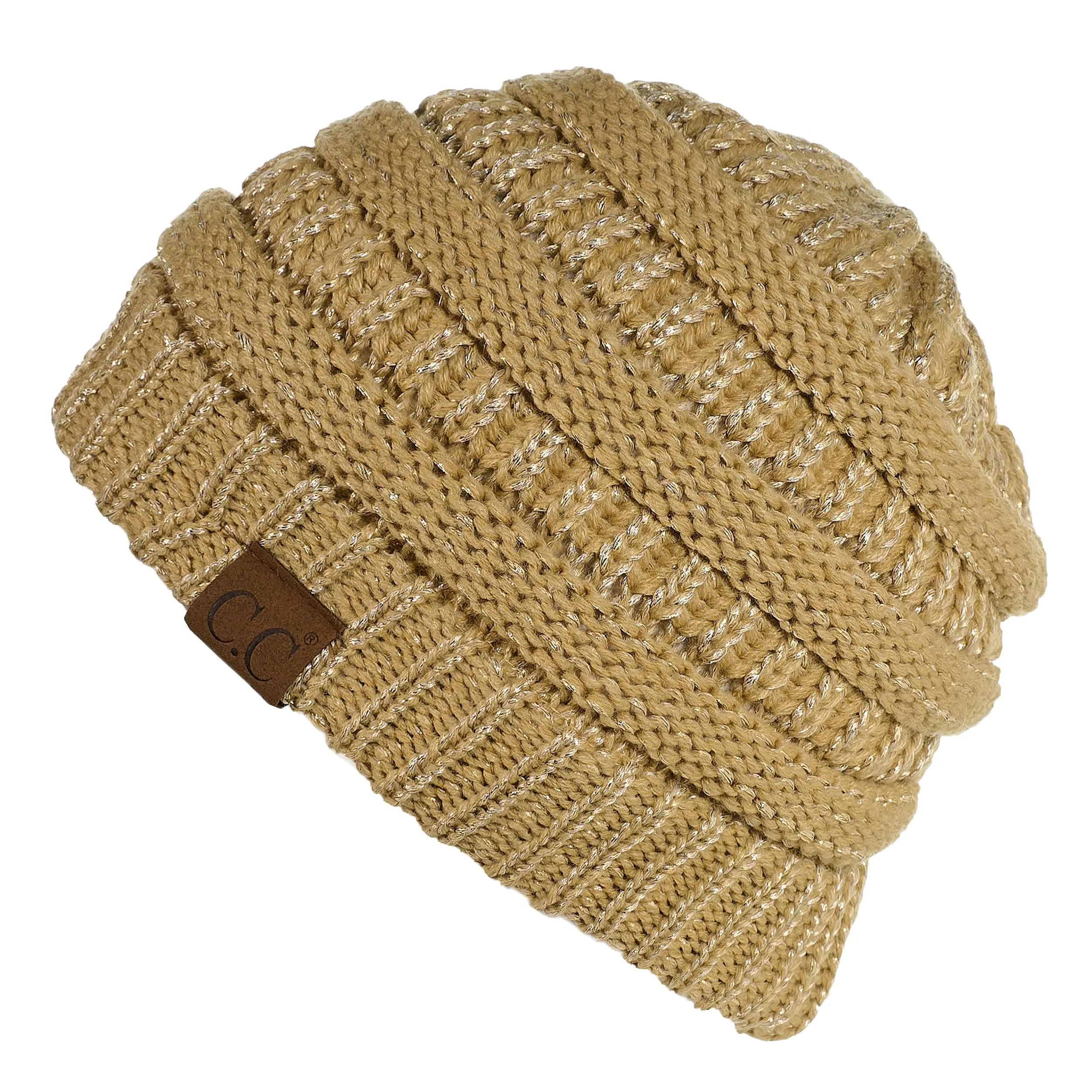 C.C MB20AM  - Soft Stretch Cable Knit Warm Hat High Bun Ponytail Metallic Beanie