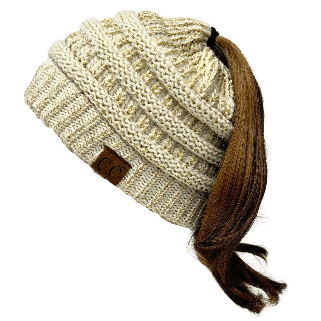 C.C MB20AM  - Soft Stretch Cable Knit Warm Hat High Bun Ponytail Metallic Beanie