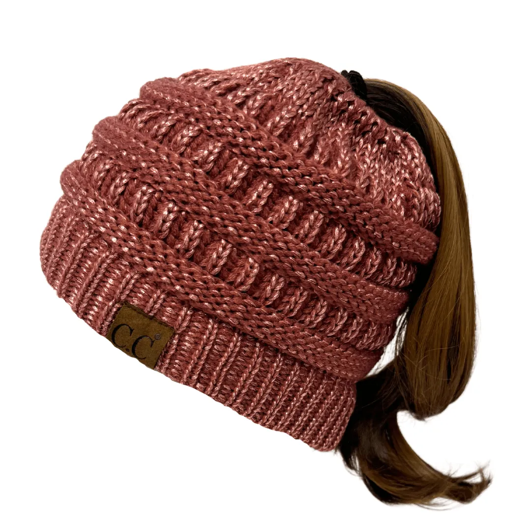 C.C MB20AM  - Soft Stretch Cable Knit Warm Hat High Bun Ponytail Metallic Beanie