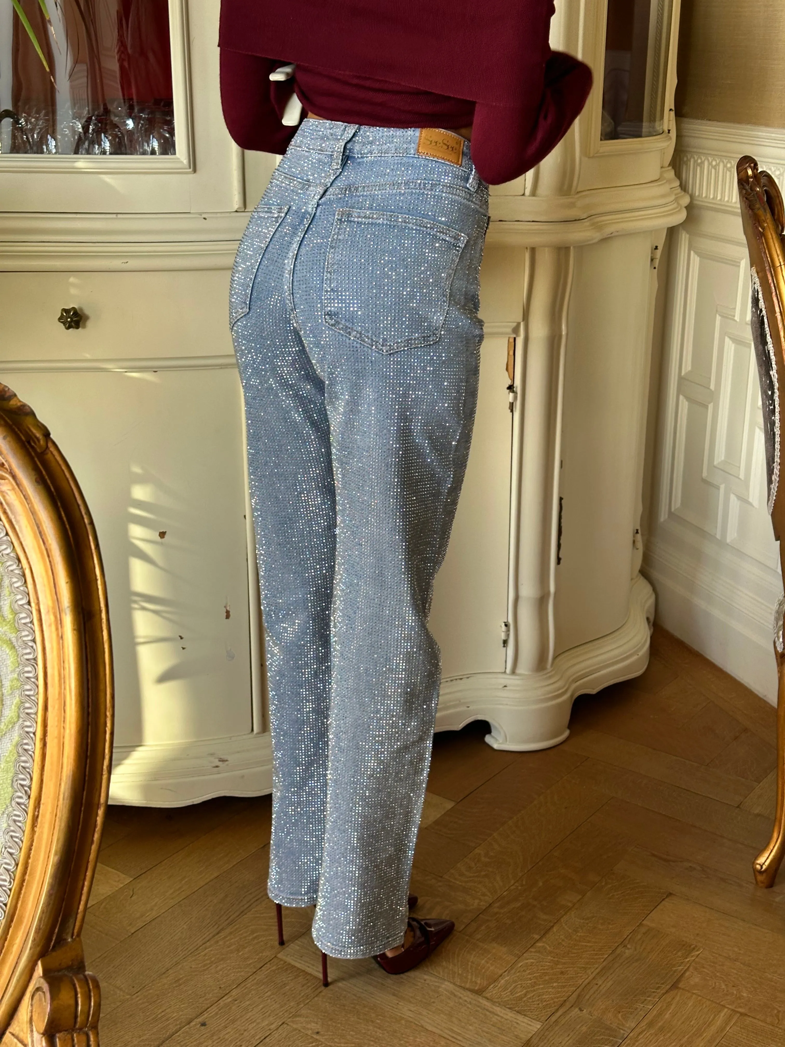 CELESTE Diamante Detail Straight Leg Jeans in Blue