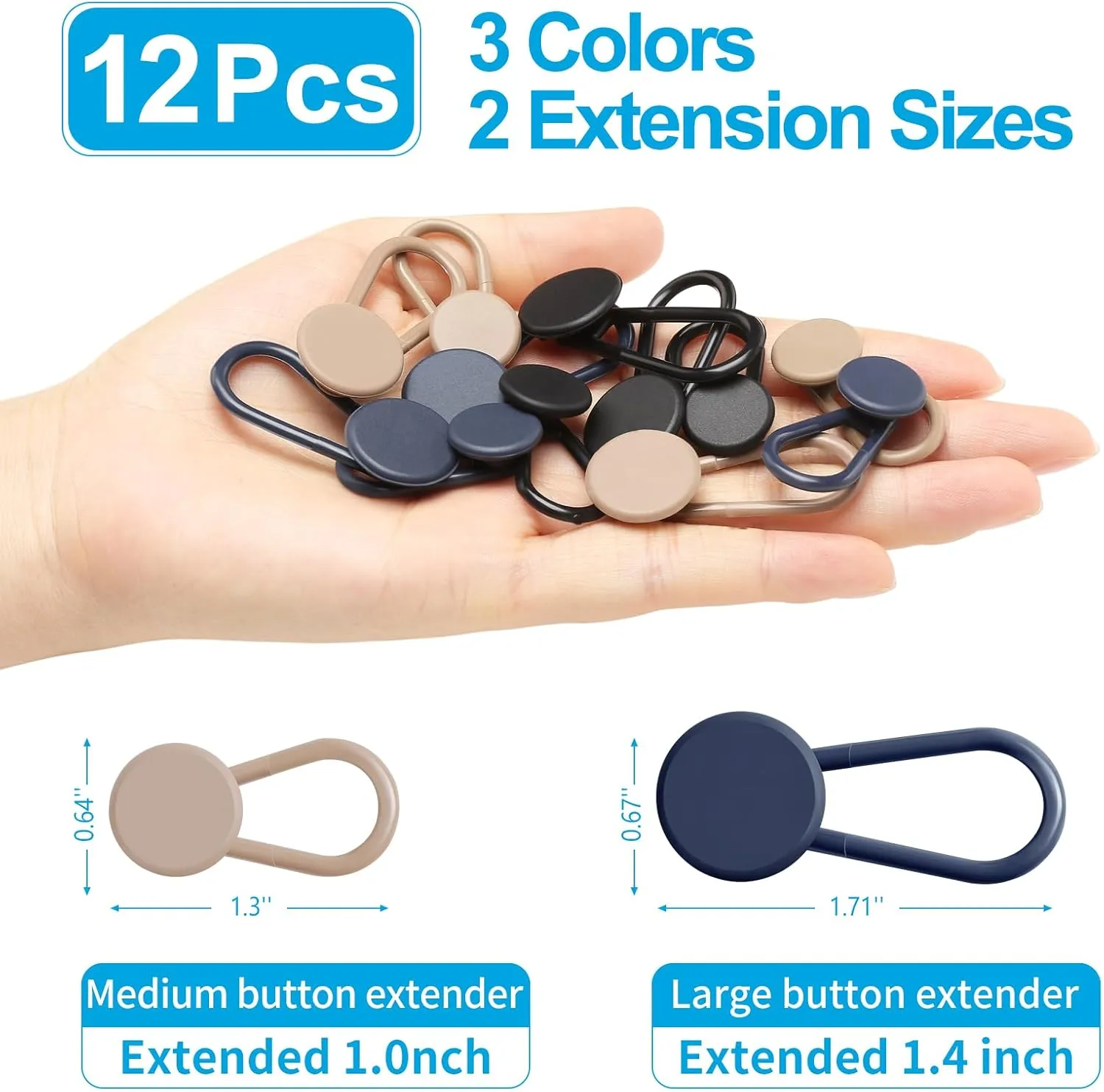Ceryvop 12PCS Button Extenders for Jeans, Pants Waist Button Extender for Women Men, 3 Colors Pant Waistband Expander, Pants Waist Extension 1-1.4 Inches