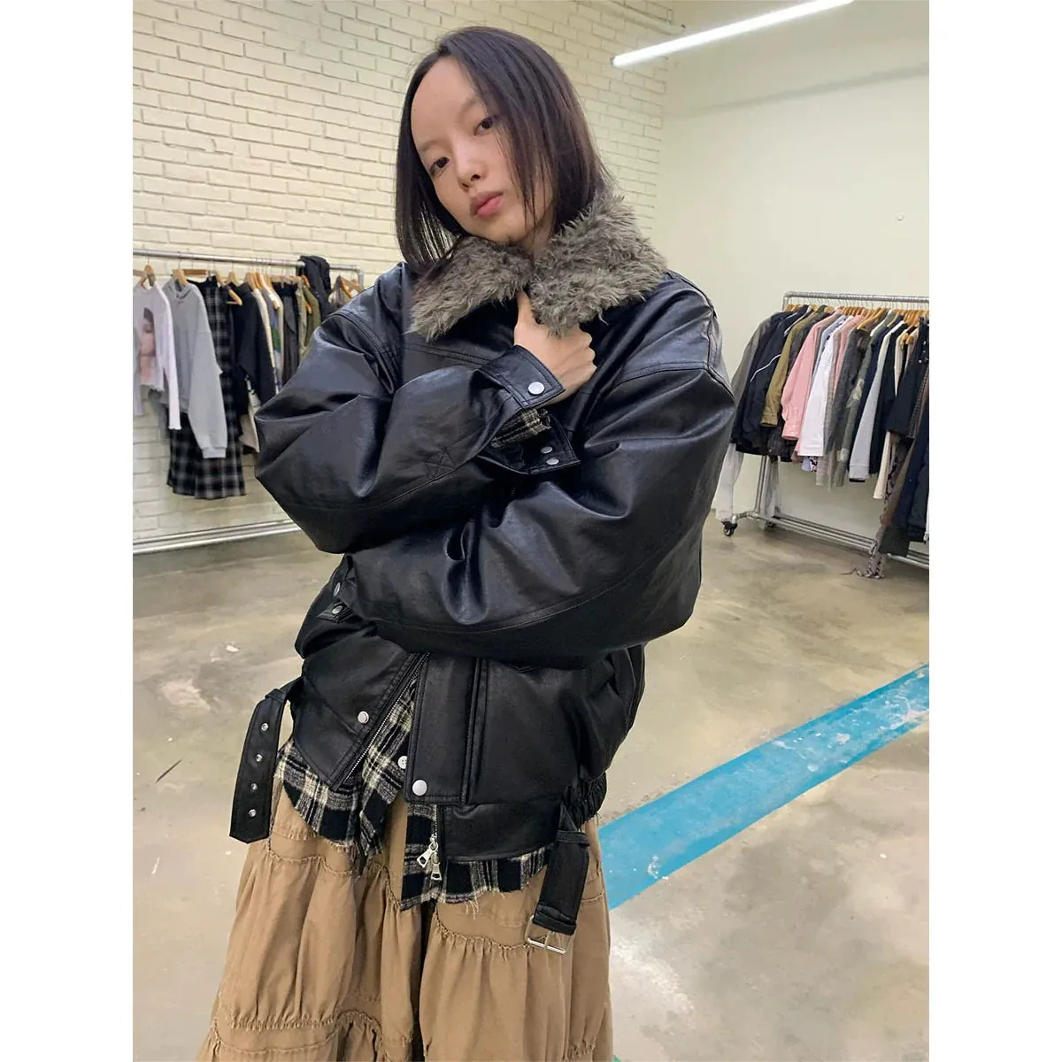 Detachable Fur Collar Faux Leather Jacket