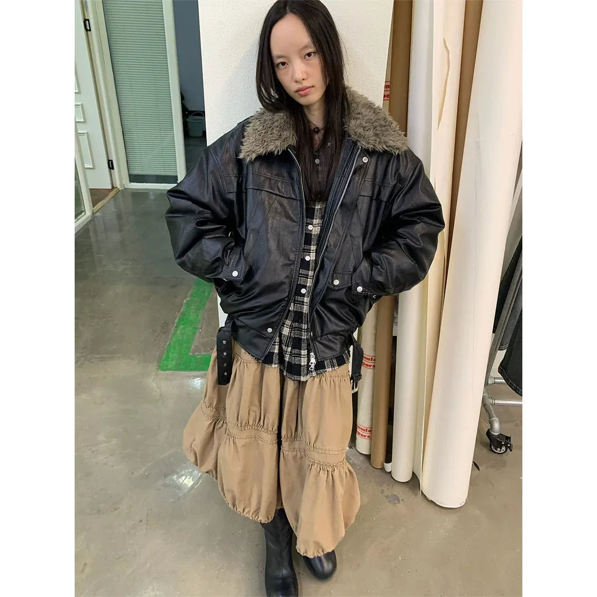 Detachable Fur Collar Faux Leather Jacket