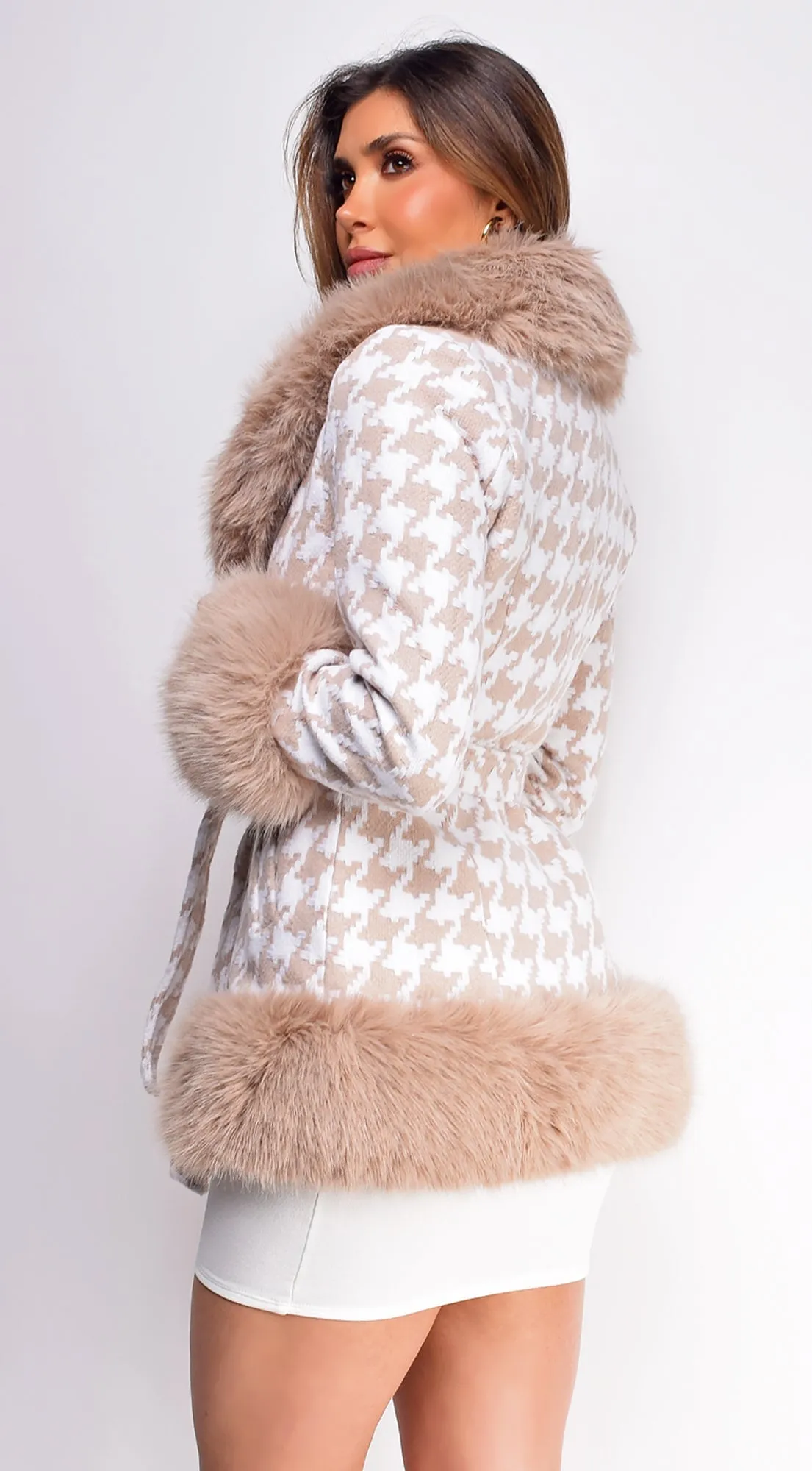 Elizaveta Cream Beige Plaid Faux Fur Wool Coat