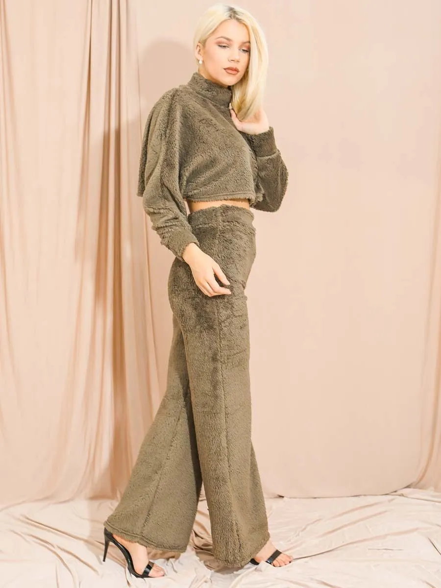 Elsie Teddy Crop Top & Trouser Co-ord In Khaki