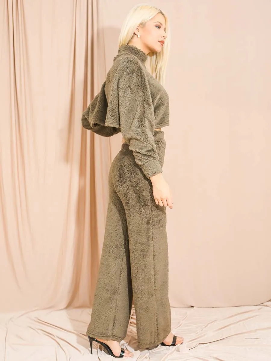 Elsie Teddy Crop Top & Trouser Co-ord In Khaki