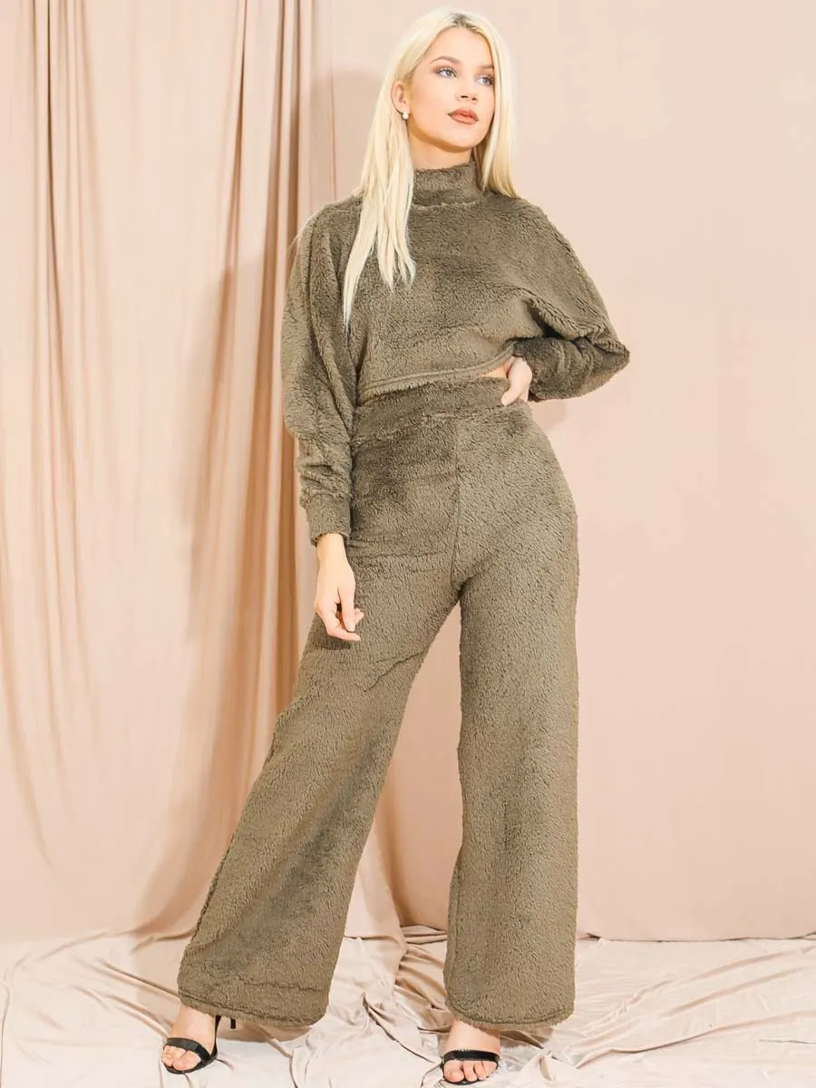 Elsie Teddy Crop Top & Trouser Co-ord In Khaki