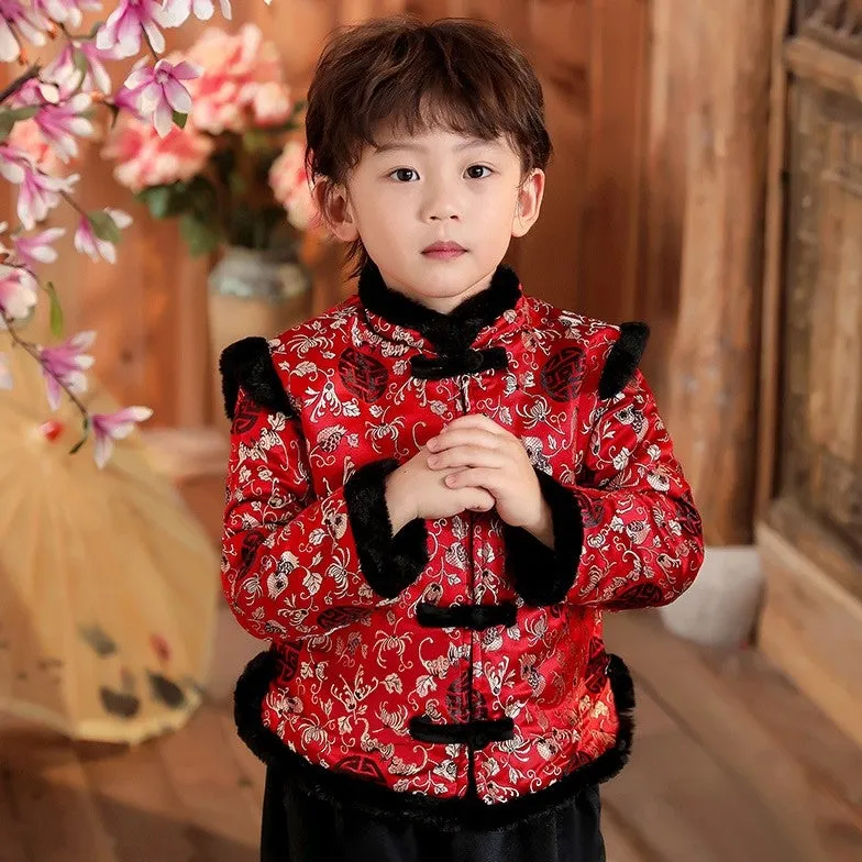 Floral Brocade Fur Edge Tradtional Chinese Style Boy's Wadded Suit