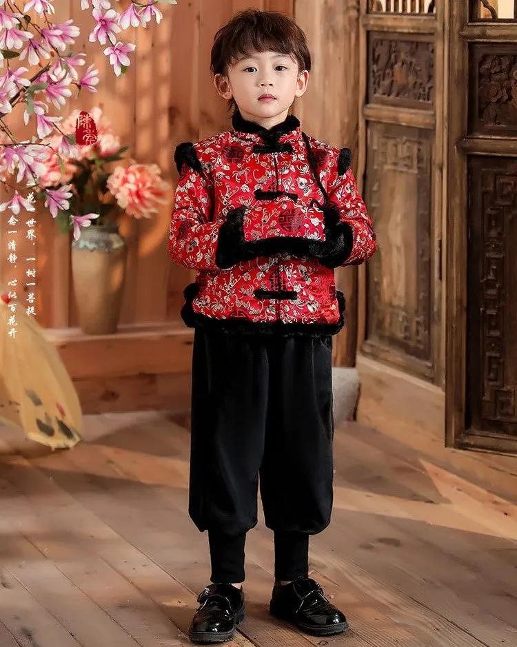 Floral Brocade Fur Edge Tradtional Chinese Style Boy's Wadded Suit