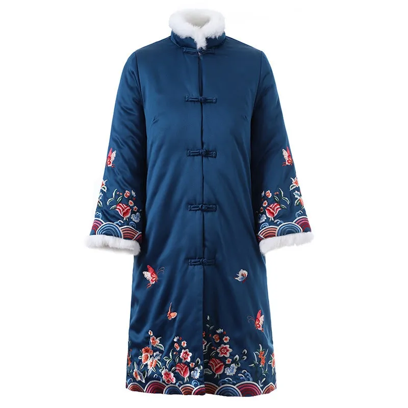 Floral Embroidery Chinese Style Long Women's Wadded Wind Coat with Strap Buttons