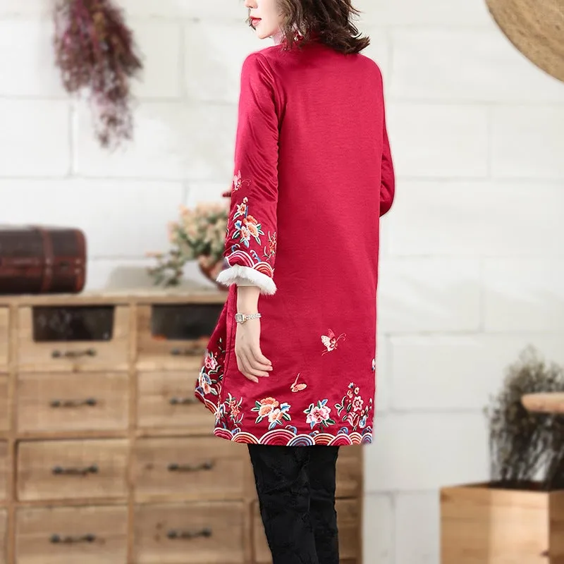 Floral Embroidery Chinese Style Long Women's Wadded Wind Coat with Strap Buttons