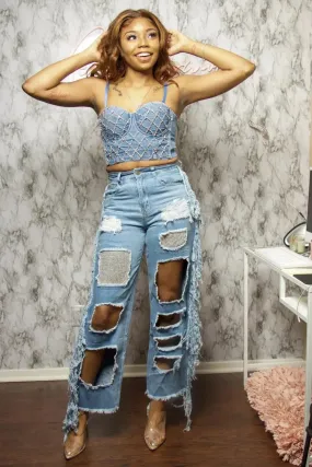 Fringe Wide Leg Ripped Denim Jeans