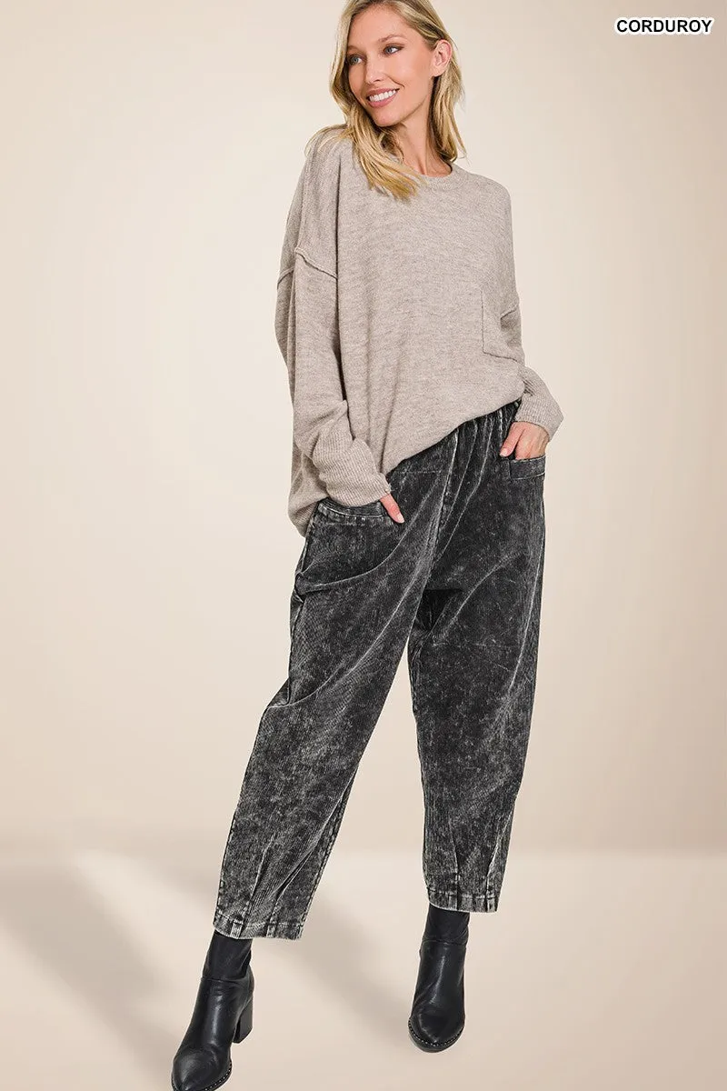 Grey Mineral Wash Corduroy Cropped Pants