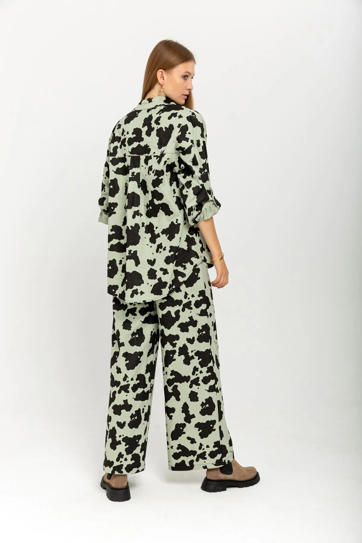 KKT Gabardine Fabric Long Wide Cow Print Women'S Trouser - Mint - Holubivske
