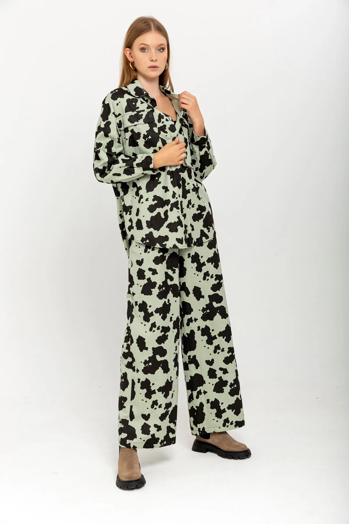 KKT Gabardine Fabric Long Wide Cow Print Women'S Trouser - Mint - Holubivske