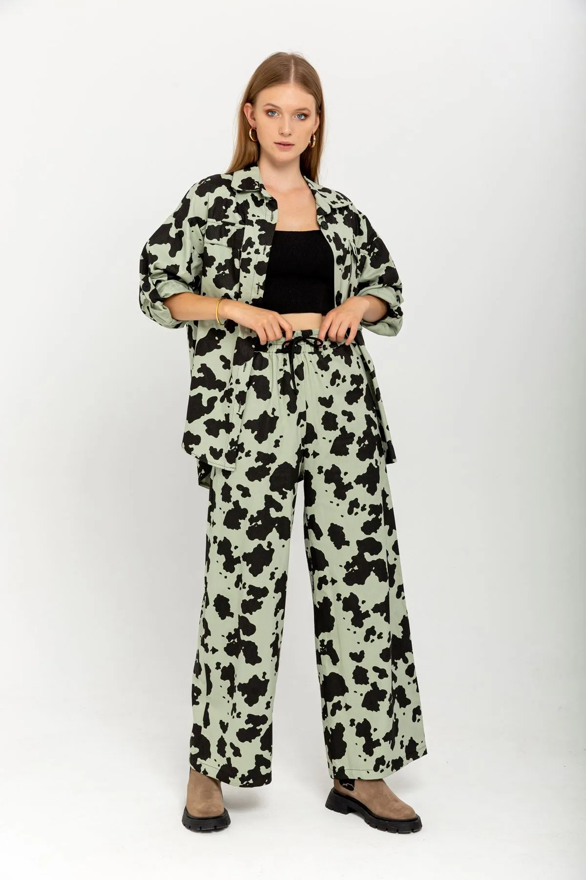 KKT Gabardine Fabric Long Wide Cow Print Women'S Trouser - Mint - Holubivske