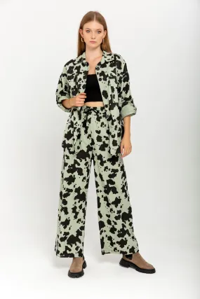 KKT Gabardine Fabric Long Wide Cow Print Women'S Trouser - Mint - Holubivske