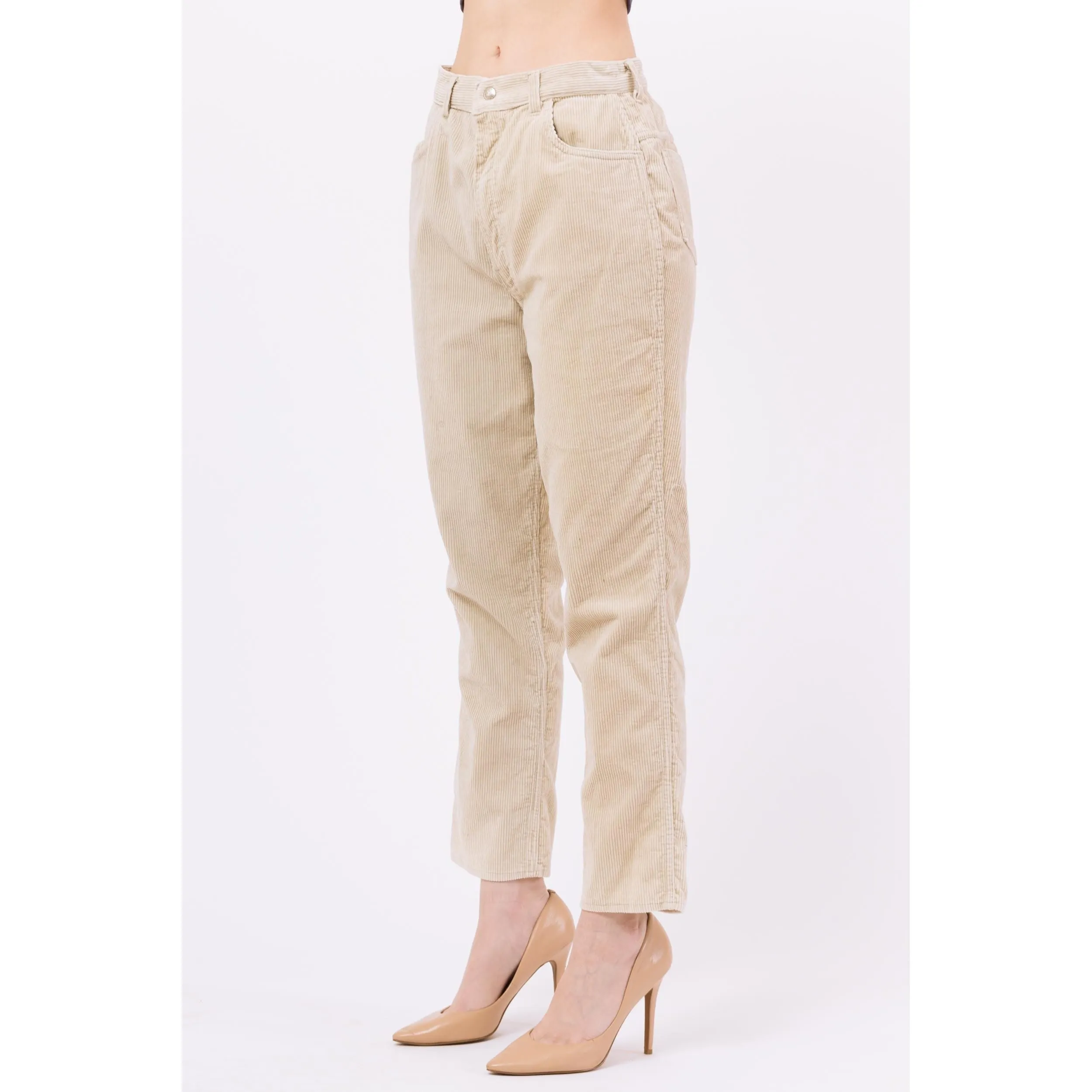 Medium 70s Minimalist Khaki Corduroy High Waisted Pants 27.5"