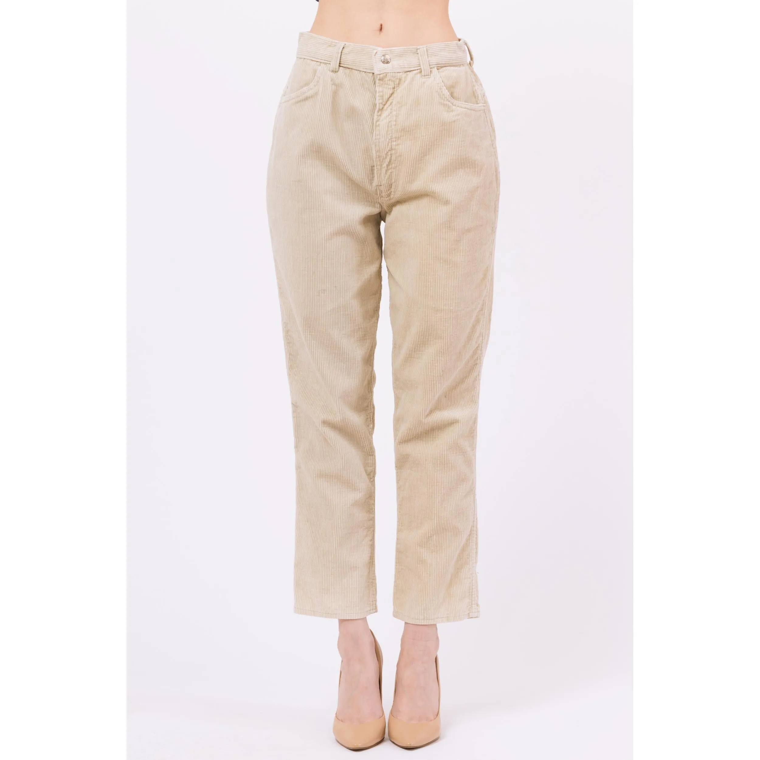 Medium 70s Minimalist Khaki Corduroy High Waisted Pants 27.5"