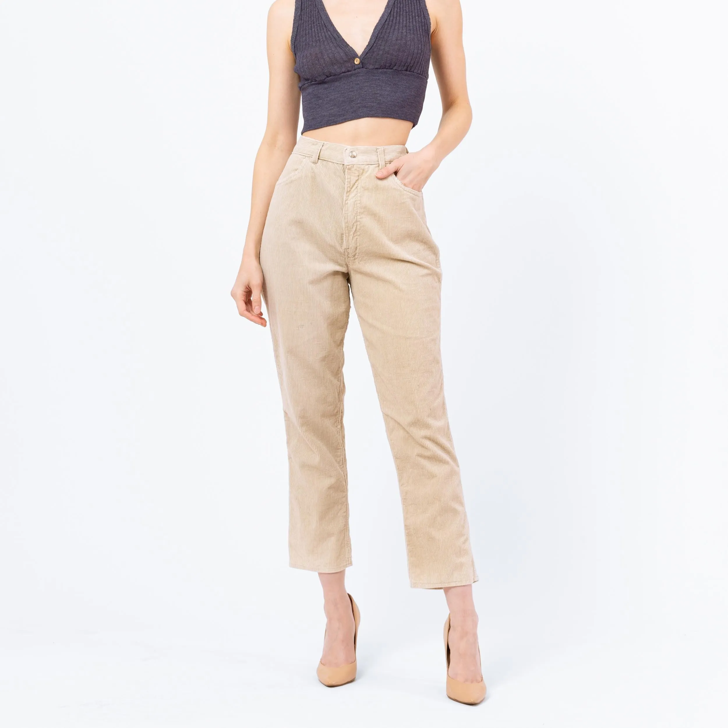 Medium 70s Minimalist Khaki Corduroy High Waisted Pants 27.5"