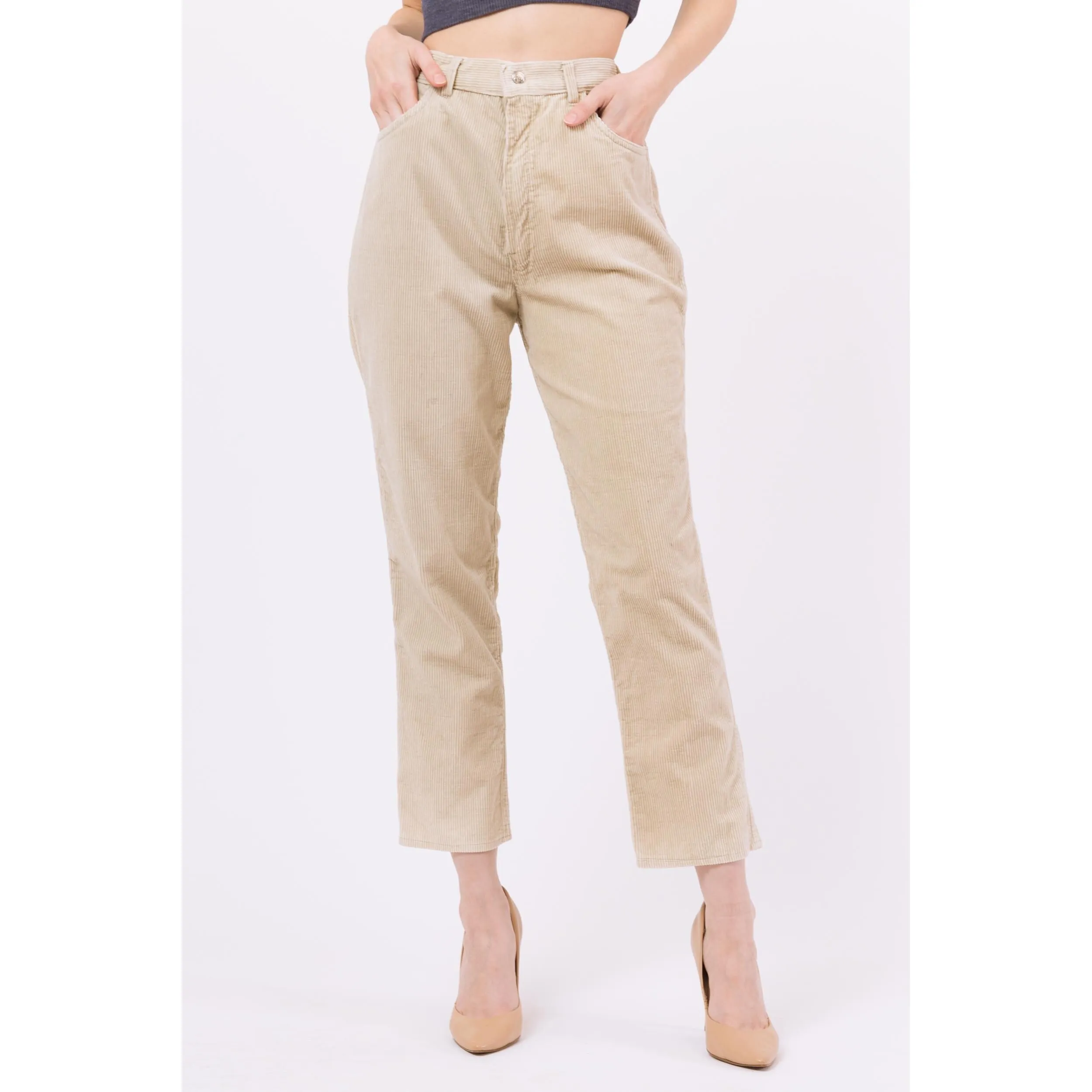 Medium 70s Minimalist Khaki Corduroy High Waisted Pants 27.5"