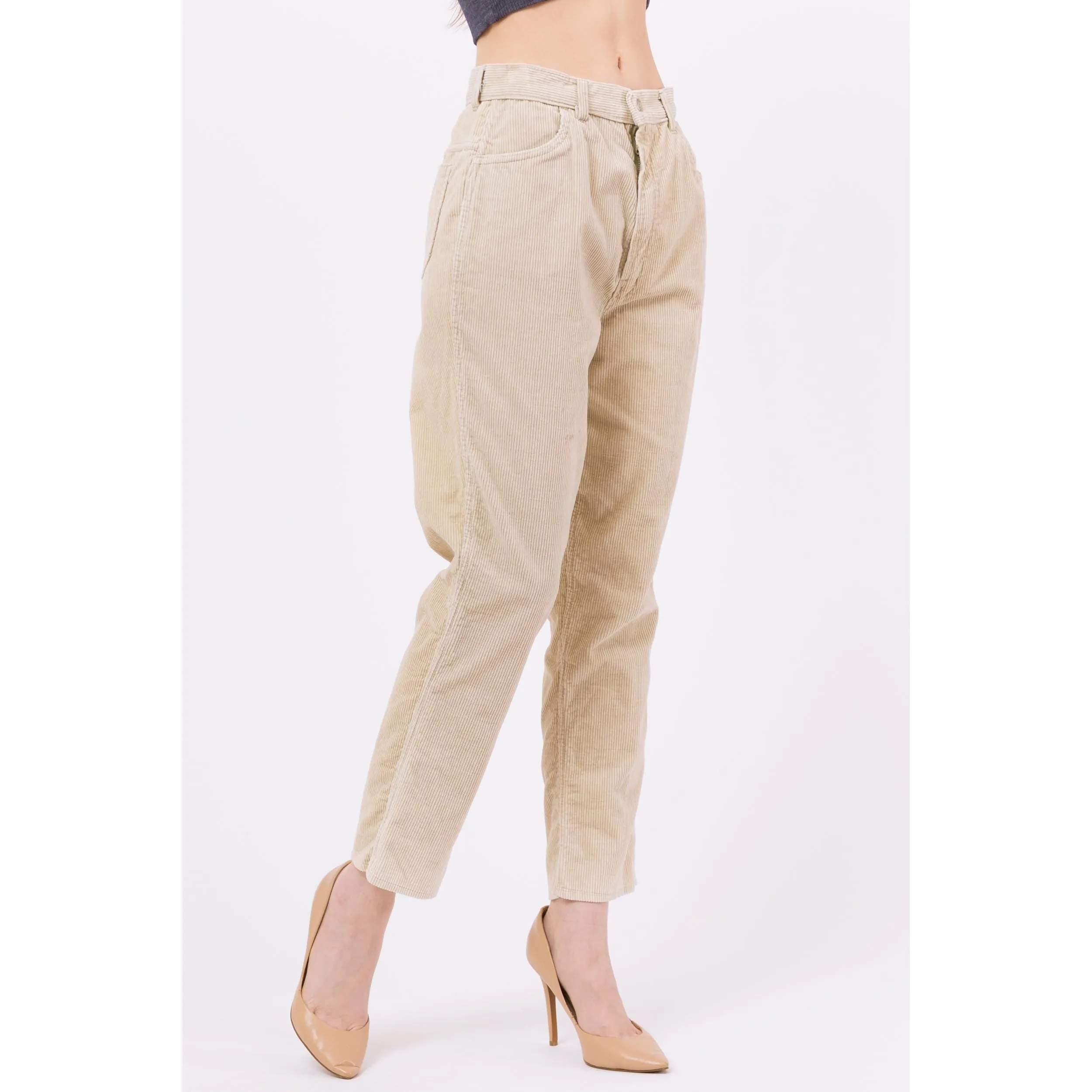Medium 70s Minimalist Khaki Corduroy High Waisted Pants 27.5"